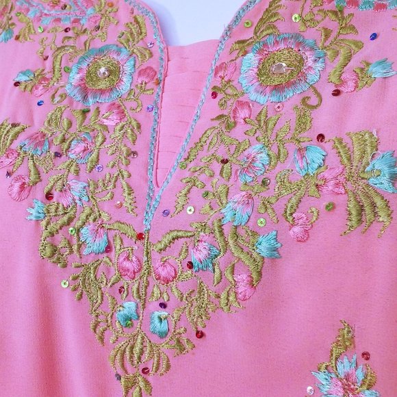 Vintage Kurta Sari Tunic Top sz-42 (M/L) Sheer Embellished Bling Glam Slits Pink - Picture 6 of 10